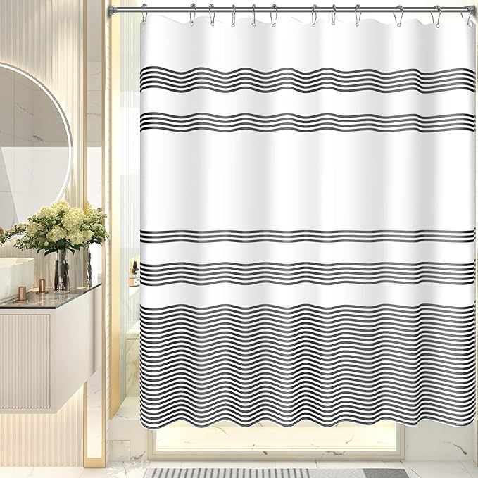 AmazerBath Shower Curtain, Striped Black Fabric Shower Curtain Set with 12 Shower Curtain Hooks, Rustic Cloth Black and White Curtain, Farmhouse Bathroom Shower Curtain Sets, 72x84 Inches