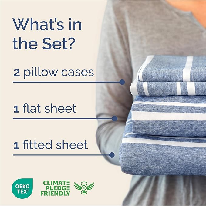 Full Size 4 Piece Sheet Set - Comfy Breathable & Cooling Sheets - Hotel Luxury Bed Sheets for Women & Men - Deep Pockets, Easy-Fit, Soft and Wrinkle Free Sheets - Blue Stripes Oeko-Tex Bed Sheet Set