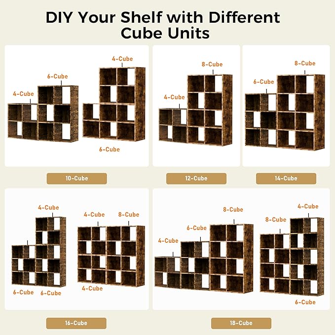 COMHOMA 8 Wood Cube Storage Organizer with Open Back and Removable Back Panels, 11In Brown Cube Storage Bookshelf, Cubicle Shelf Bookcase for Home Office Bedroom Living Room, Vertical or Horizontal