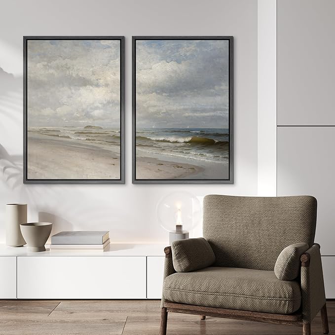 IDEA4WALL Framed Canvas Print Wall Art Set Coastal Beach Scene Classic Ocean View Illustrations Modern Art Decorative Coastal Cottage Seascape for Bedroom - 24"x36"x2 BLACK