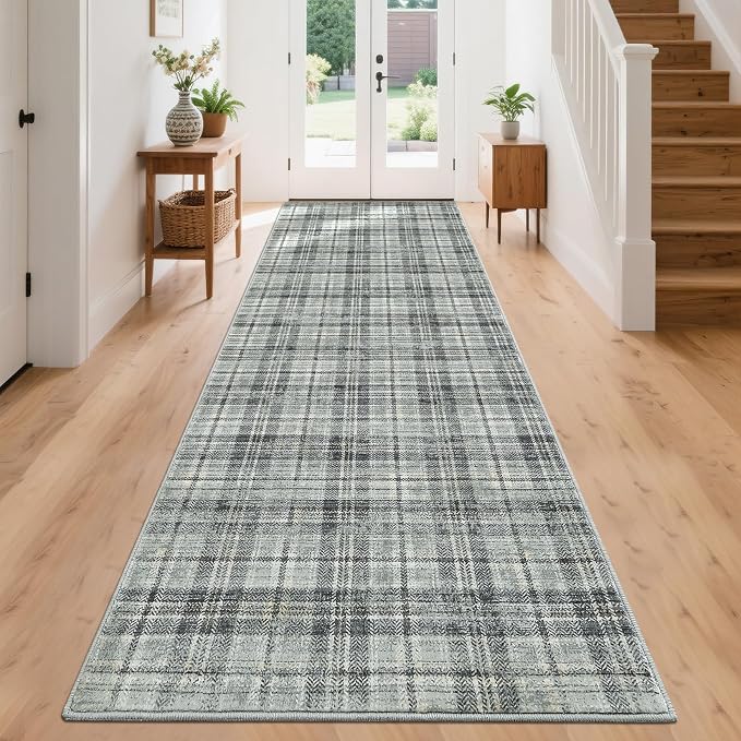 2x10 Runners for Hallway Non Slip Washable Kitchen Rugs, Farmhouse Tartan Plaid Area Rug Soft Low Pile Stain Resistant Indoor Carpet Runners for Entryways, Living Room