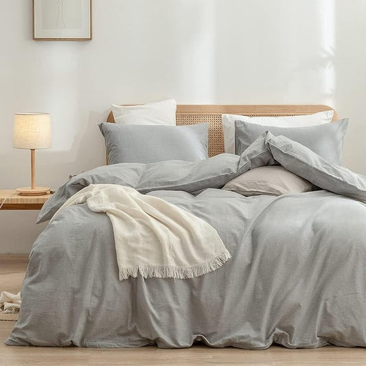 BESTOUCH Duvet Cover Set 100% Washed Cotton Linen Feel Super Soft Comfortable Chic Lightweight 3 PCs Home Bedding Set Solid Light Grey Super King Plus