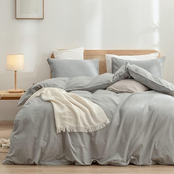 BESTOUCH Duvet Cover Set 100% Washed Cotton Linen Feel Super Soft Comfortable Chic Lightweight 3 PCs Home Bedding Set Solid Light Grey Oversized Full