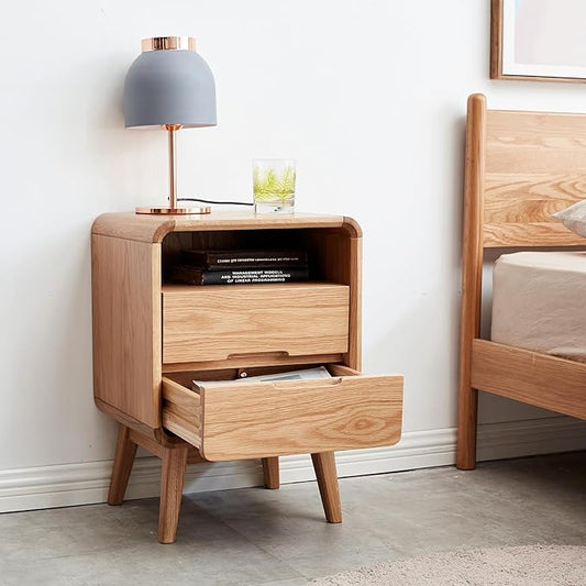 Mid-Century Modern Solid Oak Nightstand, 2-Drawer Bedside Table with Open Storage, Wooden Bedroom End Table (Natural Oak, 16.53”x13.78”x23.22”)