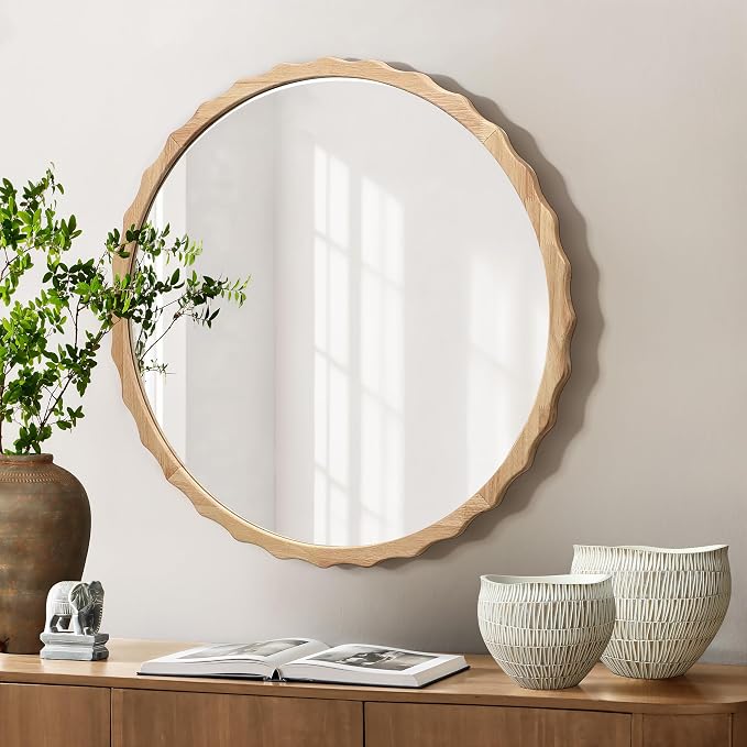 LuxenHome 32" Round Wall Mirror With Natural Rubberwood Scalloped Frame - Wood Wall Decor for Bathroom, Vanity, Entryway, Living Room - Large Accent Circle Mirror
