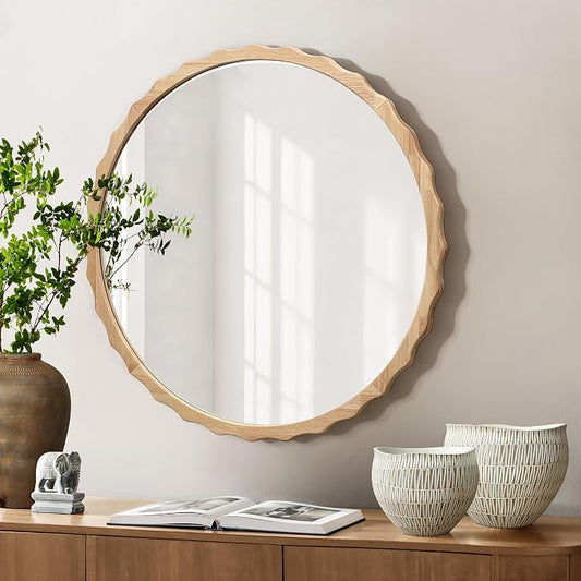 LuxenHome 32" Round Wall Mirror With Natural Rubberwood Scalloped Frame - Wood Wall Decor for Bathroom, Vanity, Entryway, Living Room - Large Accent Circle Mirror