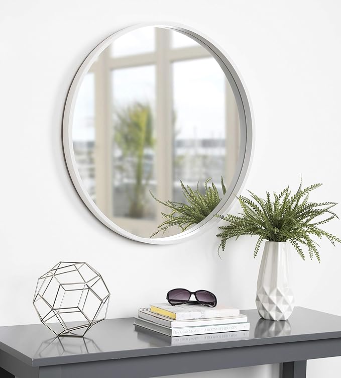 Kate and Laurel Travis Round Wood Wall Mirror, 25.6" Diameter, White, Modern Wall Décor Accent