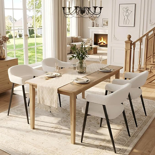 HNY Modern Dining Room Arm Chairs Set of 4, Faux Sherpa Boucle Upholstered Barrel Dining Chairs with Arms Mid-Century White Accent Chair with Metal Legs, Open-Back Kitchen Side Chair for Living Room