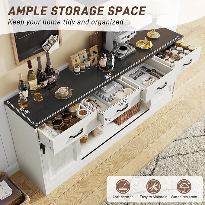 70” Large Buffet Sideboard Cabinet w/4 Drawer,Farmhouse Coffee Bar Cabinet Buffet with Storage,Sliding Door,Long Kitchen Buffet Table,Kitchen Sideboard Cabinet,Credenza for Dining Room,Off White