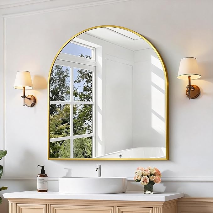 CIRCUMI Arched Wall Mirror, 36"x40" Gold Arched Mirror with Tempered Glass, Metal Frame, Large Size for Bathroom, Living Room,Entryway,Over Sink, Arch Mirror for Decor,Shatterproof&Crystal-Clear