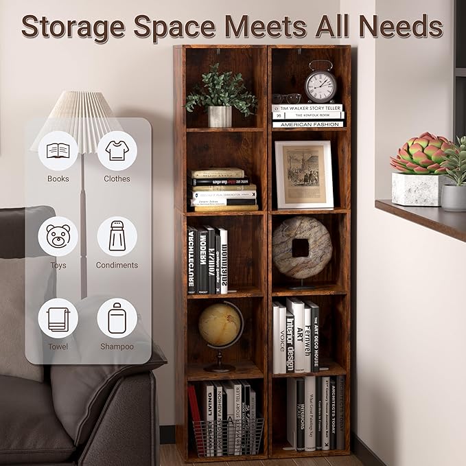 5 Cube Storage Organizer, 5 Tier Cube Low Bookcase Freestanding Storage Display Organizer, Five-Cubes Open Shelf Bookshelf for Home Office (Retro Brown, 5-Cube)