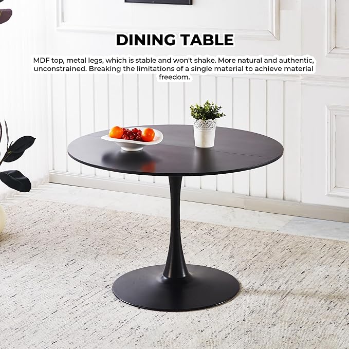 42" Round Black Tulip Dining Table for 4, Modern Pedestal Kitchen Table with Thickened Tabletop, Sturdy Tulip Shape Base, Round Dining Table for Dining Room, Living Room, Cafe