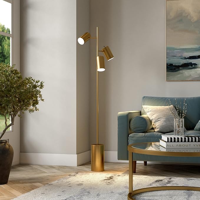 Henn&Hart 65" Modern 3-Light Tree Floor Lamp with Brass Metal Cylinder Shade for Living Room, Bedroom, or Office, Brass