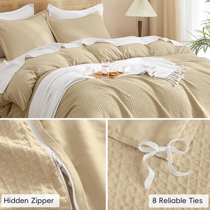 PHF Waffle Weave Duvet Cover Set King Size, No Snagging Ultra Soft Luxury Textured Breathable Comforter Cover for All Season 3pcs, Durable Bedding Duvet Set with 2 Pillow Shams, 104"x90", Khaki