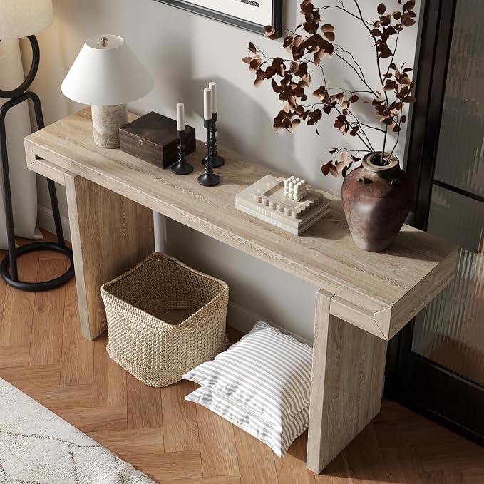 Wood Console Table, 60" Retro Long Sofa Table Behind Couch with Real Wood Veneered, Farmhouse Wooden Narrow Sofa Table Hall Table for Living Room Foyer Entrance Entryway, Natural