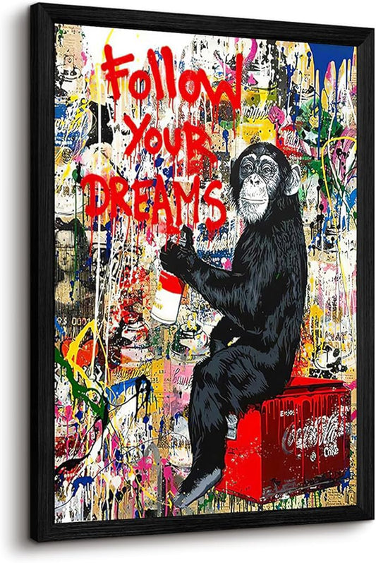 Banksy Canvas Wall Art Monkey Follow Your Dreams Street Graffiti Wall Art Banksy Prints Gorilla Poster Monkey Artwork Graffiti Pictures Painting for Home Living Room Decor 12x16 Inch Black Framed
