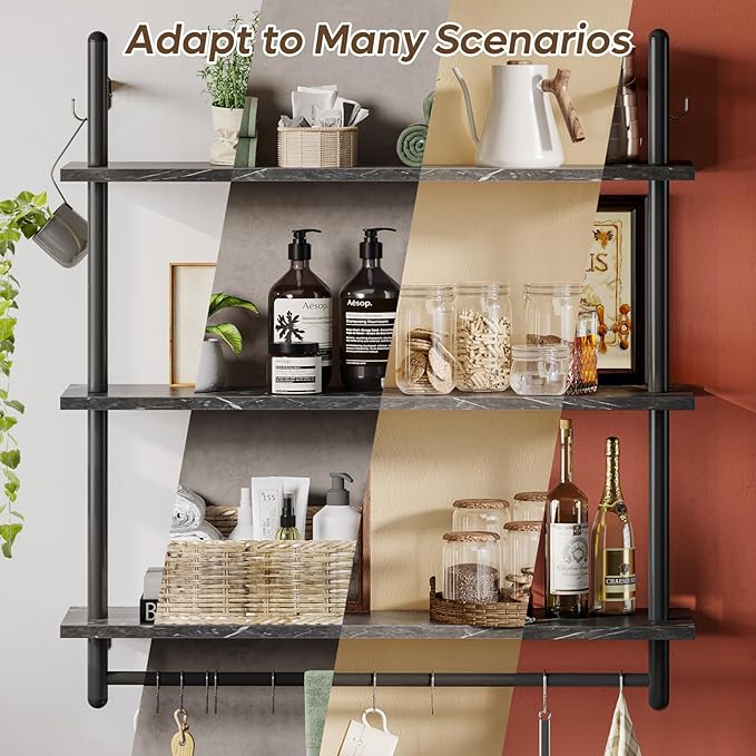 Bestier Floating Pipe Shelving, 31.5" Floating Kitchen Shelves Wall Mounted, 3 Tier Coffee Bar Shelf Ladder Bookshelf with Towel Bar Hooks for Kitchen Living Room Bathroom Bedroom, Black Marble