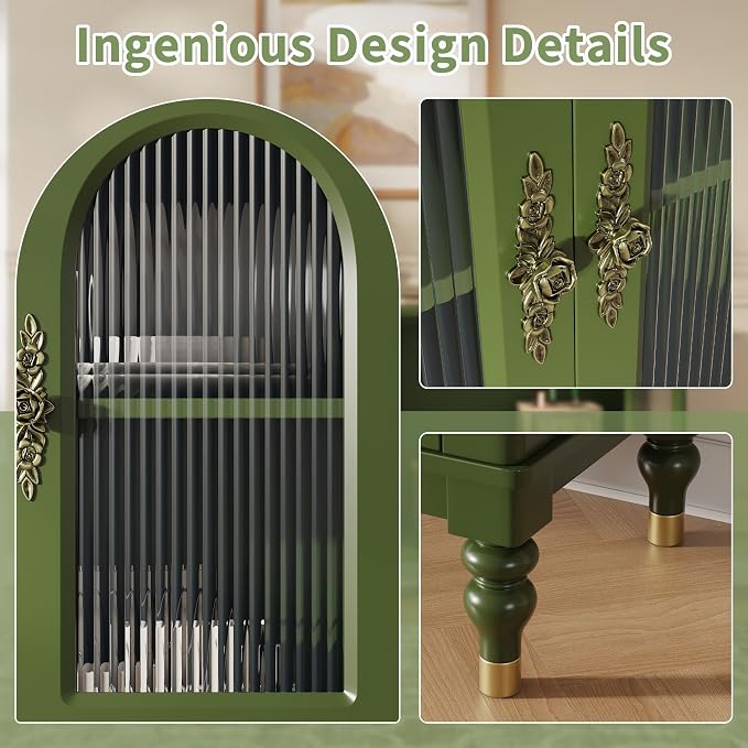 iPormis Fluted Arched Buffet Cabinet Set of 2, 59" Vintage Sideboard with Glass Door & Adjustable Shelves, Mid Century Modern Solid Wood Credenza Accent Cabinet for Living Room, Entryway, Green