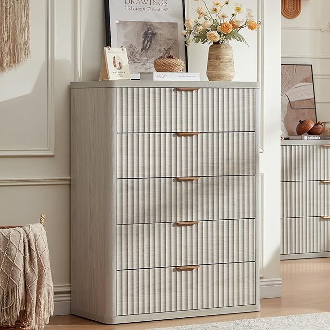 LEYAOYAO Fluted 5 Drawers Dresser Set of 2, 41" Tall Modern Chest of Drawers with Metal Handle, Curved Profile Dresser TV Stand, Wooden Drawer Organizer for Bedroom, Living Room, Hallway, Lightgrey
