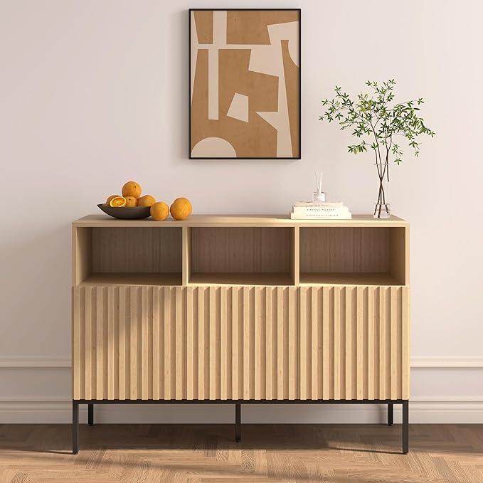 Set of 2 Oxford Fluted Storage Cabinet, Sideboard Buffet Credenza with Doors, Accent Console for Living Dining Room, Entryway