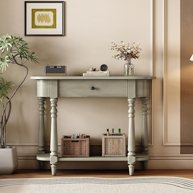 SOFTSEA Curved Console Table with Drawer and Bottom Shelf, Rustic 36 inch Entryway Table for Living Room Hallway, Save Space, Gray
