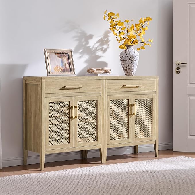 SICOTAS 30" Kitchen Sideboard Buffet Cabinet with Storage, Modern Coffee Bar Cabinet with Adjustable Shelves & Gold Mesh Doors, Storage Cabinet with Drawer for Living Room, Dining Room, Light Walnut