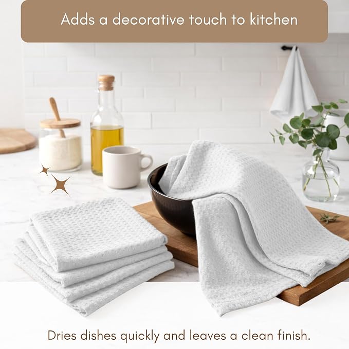 TWINY threads Kitchen Towels Set of 12, 100% Soft Cotton Waffle Weave Dish Towels, Tea Towels with Hanging Loop, Resuable Bar Towels for Table Cleaning, Dinning, Parties- 16"X 26" - White