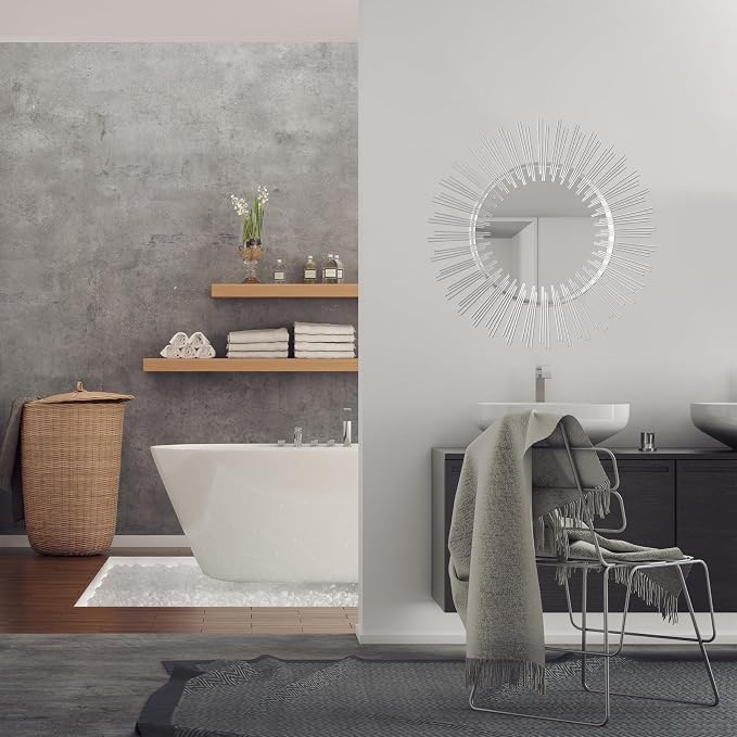 Edvivi Round 31" Silver Sunburst Hanging Wall Mirror with Metal Frame, Decorative Mirror for the Living Room, Bedroom, Bathroom, Hallway, and Entryway