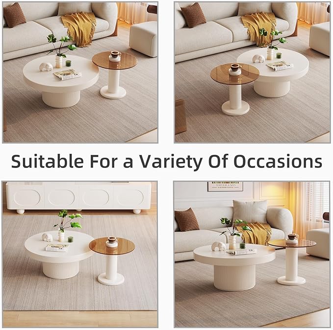 Guyii Round Nested Coffee Table Set, Creamy White Coffee Table and Tempered Glass Side Table Set, 2 in 1 Modern Nesting Coffee Table, End Table for Living Room, Bedroom, Small Spaces