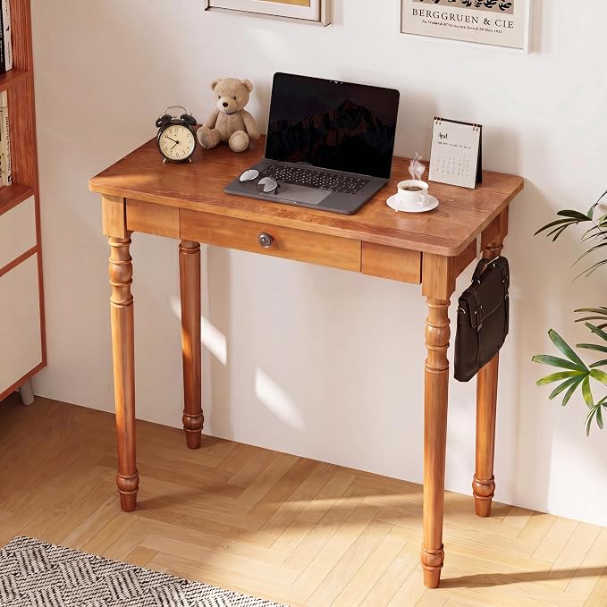 100% Solid Wooden Desk with Drawers - 31.5” Mid Century Modern Desk with 2 Hooks, Vintage Writing Desk with Drawers, Simple Work Study Table for Bedroom & Home Office - Walnut Color