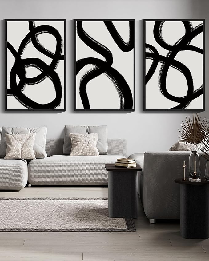 Drsoum Large 24x36in Black and Gray Abstract Framed Wall Art Decor Duotone Minimal Dark Brush Stroke Prints Shapes Illustrations Modern Art Decorative Ready To Hang - Black Framed