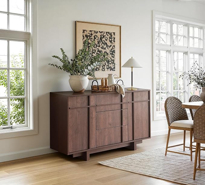 Sideboard Buffet Cabinet with Storage, 47.2" Large Sideboard with 2 Doors& 3 Drawers, Mid Century Modern Credenza with Skeleton line&Wood Grain for Living Room, Kitchen and Entryway, Walnut