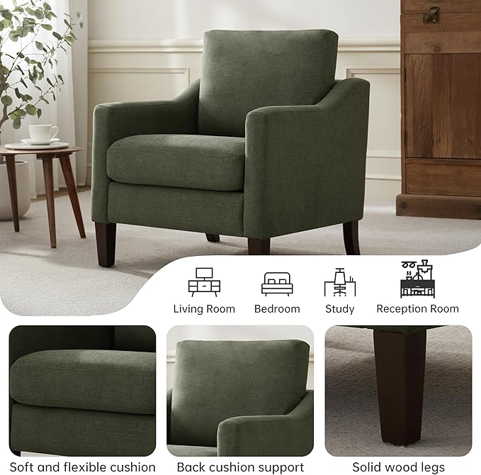 VKNOW Mid Century Modern Accent Chair, Upholstered Living Room Chairs Armchair for Bedroom, Comfy Reading Accent Chairs with Wood Legs for Living Room (1, Green)
