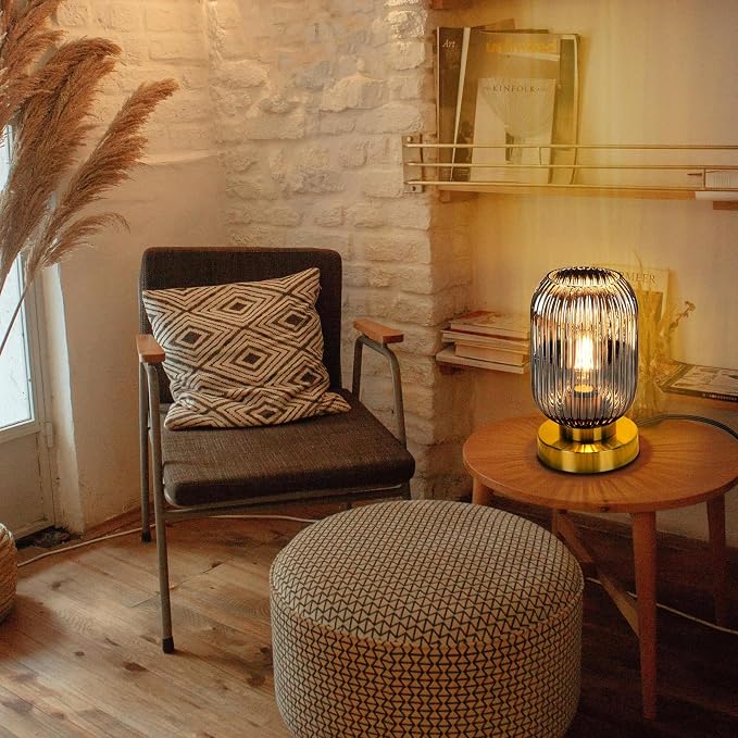 Mid Century Modern Table Lamp with Smoke Grey Ribbed Glass Shade, Touch Control & 3 Way Dimmable, Small Gold, Vintage Bedside Lamp for Bedroom, Living Room, Office (Bulb Included)