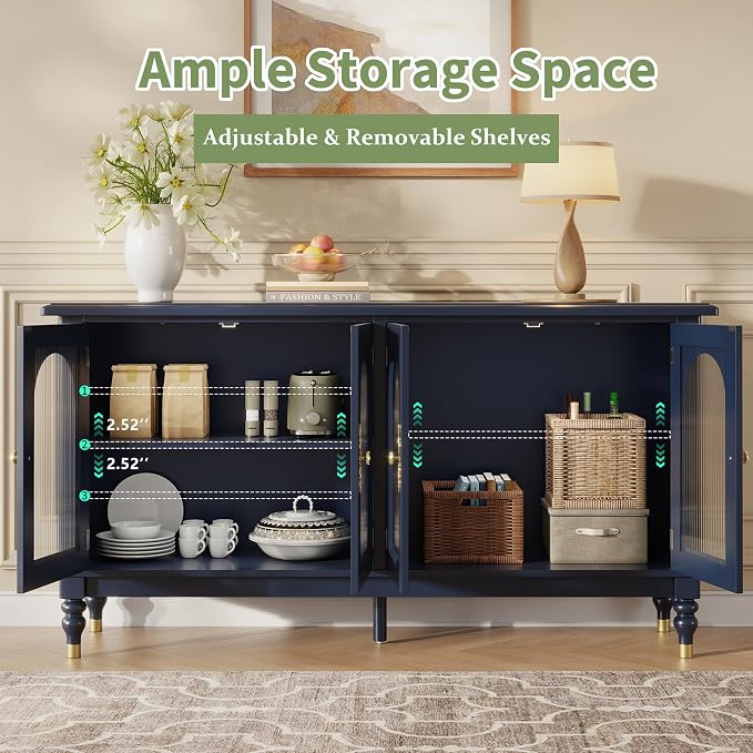 iPormis Fluted Arched Buffet Cabinet with Storage, 59" Vintage Sideboard with Glass Door & Adjustable Shelves, Mid Century Modern Solid Wood Credenza Accent Cabinet for Living Room, Entryway, Blue