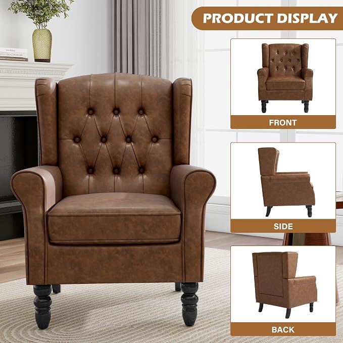 Pia Ricco Set of 2 Mid-Century Modern Wingback Accent Chairs - Luxe Brown Faux Leather with Wooden Legs, Easy-Clean PU Leather for Living Room, Lounge, Home Theater & Dining Room