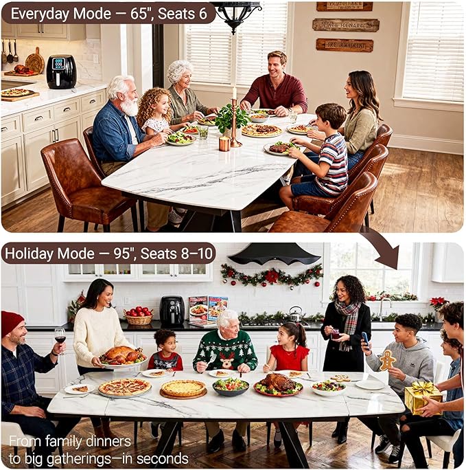 Expandable Dining Table with Leaf, 65"-95" Rectangular Sintered Stone, Marble-Look Top, Seats 6-12, Metal Base, Easy-Clean, Heat & Scratch Resistant, Dining Room/Kitchen Table for Family Gatherings
