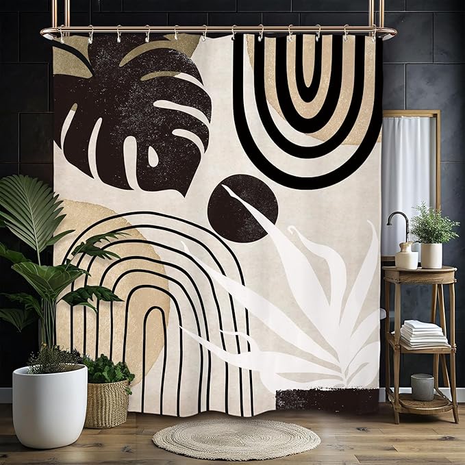 Miyotaa Abstract Black Tan Minimalist Shower Curtain Set 60Wx71H Inches Mid Century Aesthetic Modern Contemporary Plant Leaves Neutral Monstera Waterproof Bathroom Curtain with 12 Hooks