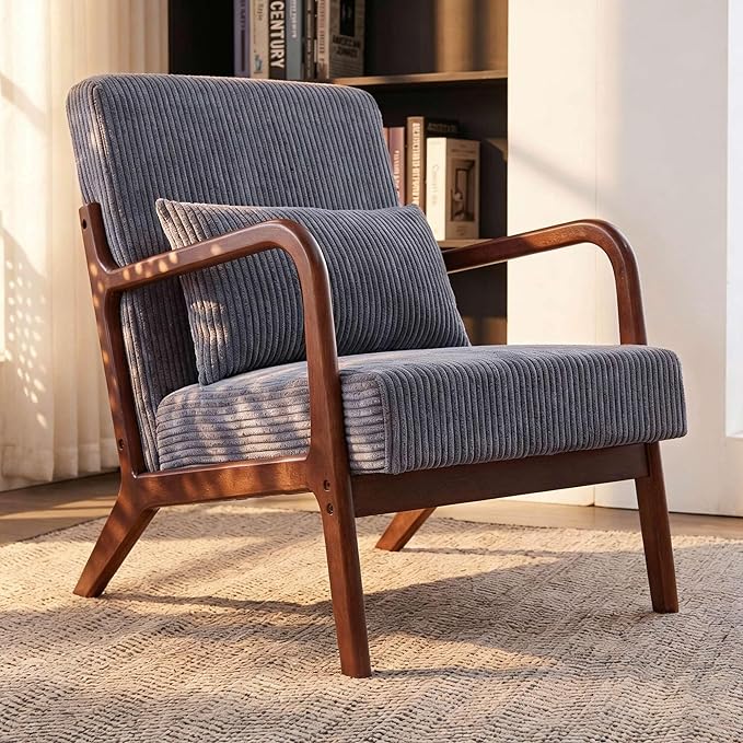 Mid Century Modern Accent Chair with Solid Rubber Wood Frame, Comfy Corduroy Reading Armchair with Lumbar Pillow, 350 LBS Heavy Duty Lounge Chair for Bedroom, Living Room & Small Spaces