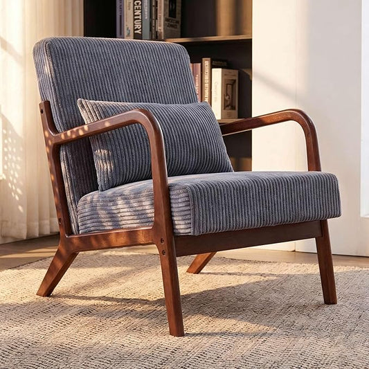 Mid Century Modern Accent Chair with Solid Rubber Wood Frame, Comfy Corduroy Reading Armchair with Lumbar Pillow, 350 LBS Heavy Duty Lounge Chair for Bedroom, Living Room & Small Spaces