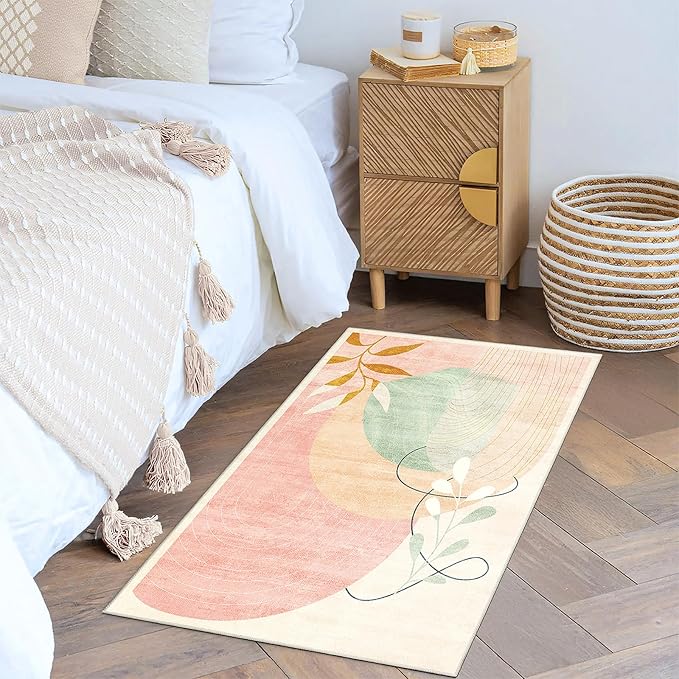 MUJOO 2x3 Washable Rug Small Area Rugs for Entryway Kitchen Bedroom,Boho Non Slip Throw Carpet for Bathroom Entrance Door Mat Mid Century Modern Abstract Botanical Geometric Accent Pink