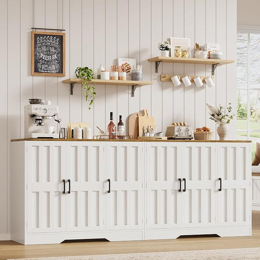 Modern Farmhouse Buffet Cabinet with Storage, 85" Large Sideboard Storage Cabinet with 6 Barn Doors, Coffee Liquor Bar Cabinet Wood Table Credenza with Adjustable Shelf for Kitchen Dining Living Room