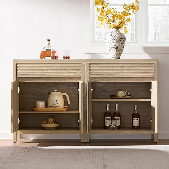 SICOTAS Sideboard Buffet Cabinet with Drawer - Fluted Sideboard Modern Credenza with Doors & Adjustable Shelves, Farmhouse Coffee Bar Media Console for Living Room Kitchen Entryway, Light Oak