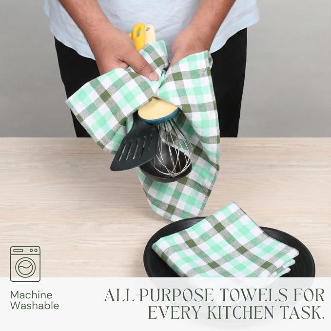 Checked Kitchen Towels 12 Pack, 18"x26", 100% Cotton, Absorbent Dish Towels for Kitchen Drying, Reusable Dishcloths for Cleaning, Quick Dry Wash Rags - Mint Green, Aqua Green, White