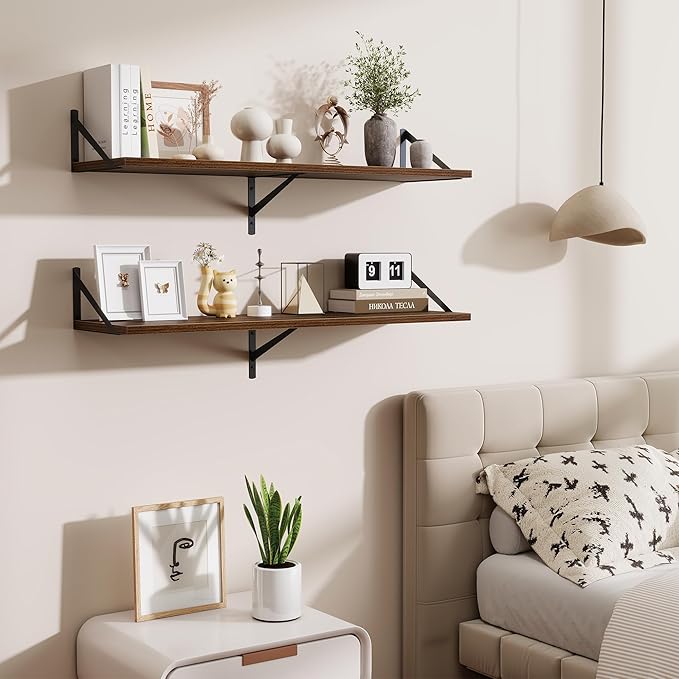 Floating Shelves for Wall,40" Wall Mounted Shelves Set of 2,Long Wood Floating Shelves,Hanging Wide Display & Storage Shelf with Metal Brackets for Bathroom,Bedroom,Kitchen,Living Room,Walnut