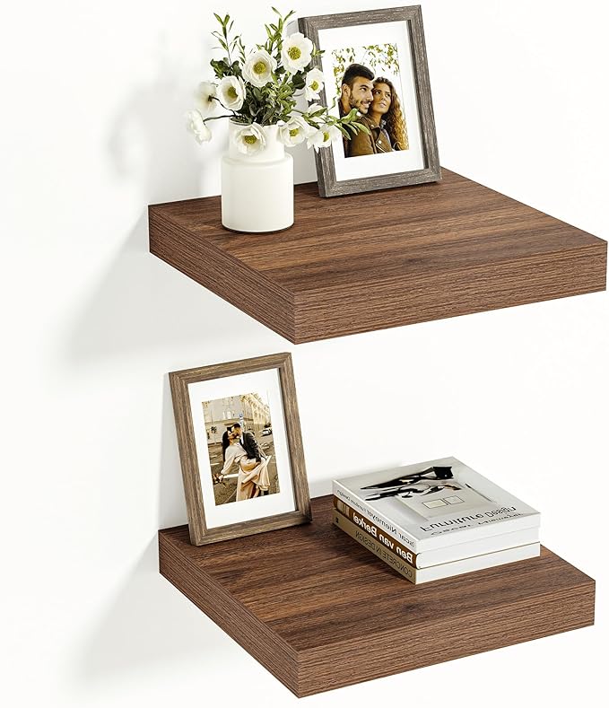 Vivelove Rustic Floating Shelves for Wall 12 Inch Deep, 12" X 12" X 1.5" Floating Shelf, 2 Inch Thick Shelf for Living Room Bathroom Bedroom Kitchen Office, Rustic Farmhouse Decor Set of 2, Walnut