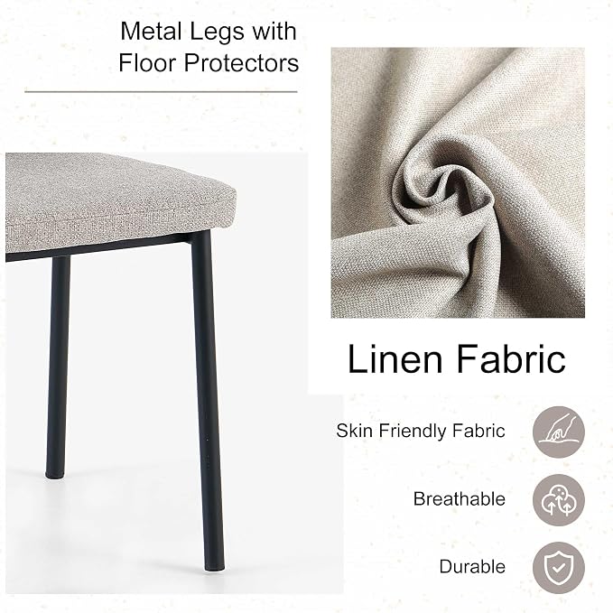 Dining Chairs Set of 4, Light Brown Linen Fabric Dining Chairs, Comfortable Upholstered Armless Kitchen Chairs with Black Metal Legs for Living Room, Dining Room, Kitchen
