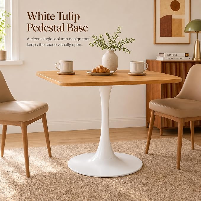 31.5 Inch Oak Square Dining Table for 2-4, Mid-Century Modern Tulip Table with White Metal Pedestal Base, 0.71 Inch MDF Top for Small Space, Apartment, Kitchen, Breakfast Nook & Office