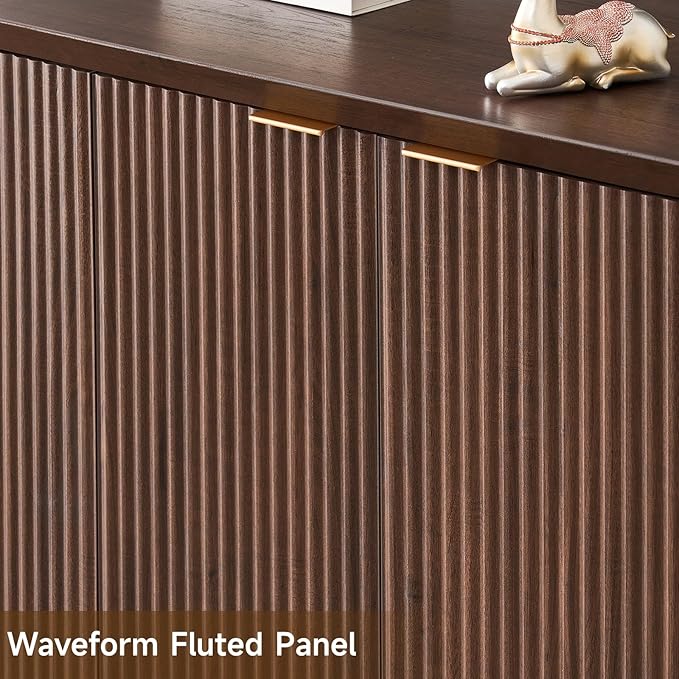 ONBRILL Fluted Sideboard Buffet Cabinet with Storage, Wooden Modern Fluted Sideboard with 4 Doors and 5 Adjustable Shelves, Coffee Bar Table for Dining Room, Hallway, Kitchen (Dark Walnut)