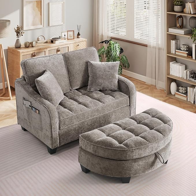 Oversized Chaise Lounge Chair Indoor with Ottoman, Chenille Tufted Comfy Loveseat Sofa Chair with Adjustable Backrest, Fluffy Recliner Sofa, Convertible Couch Sleeper Bed for Living Room(51"W, Brown)